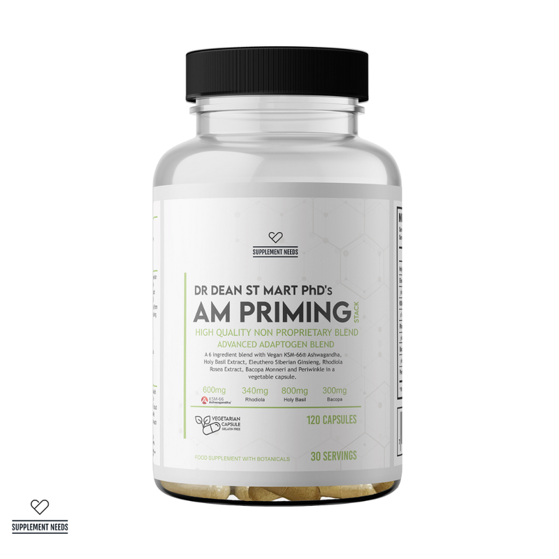 Supplement bottle labeled 'AM Priming' by Dr. Dean St. Mart PID on a white background