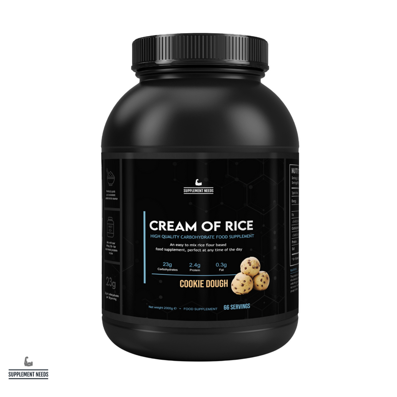 A black plastic container labeled 'CREAM OF RICE' with a Cookie Dough flavor option depicted on the label.