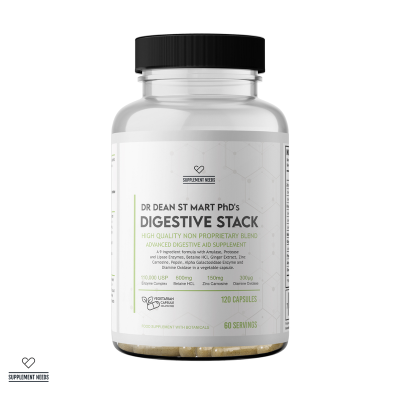 Supplement bottle labeled 'Dr. Dean St. Mart PhD's Digestive Stack' on a white background