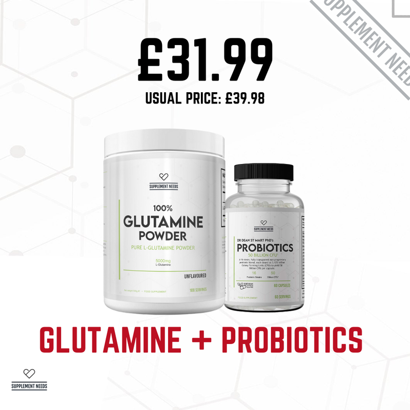 Glutamine powder and probiotics with price display on a white background