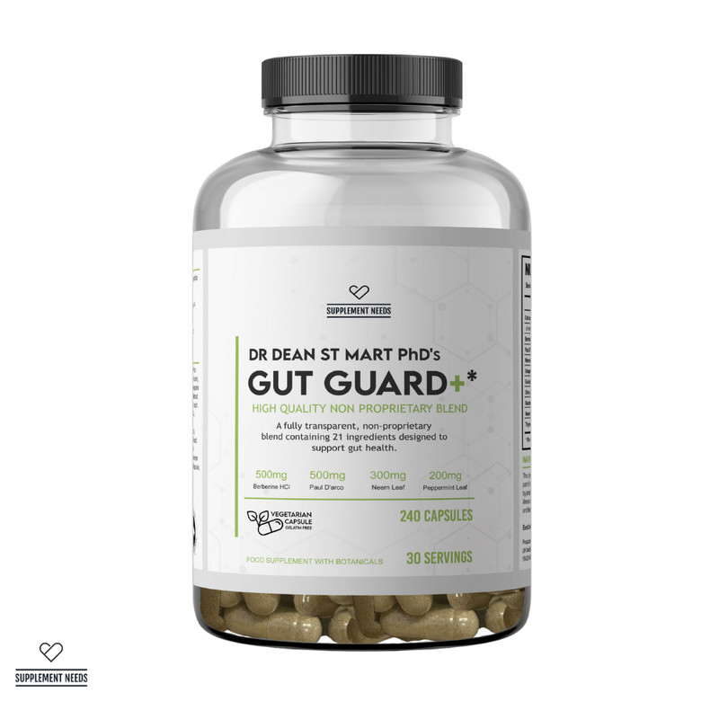 Supplement bottle labeled 'Gut Guard' by Dr. Dean St. Mart on a white background
