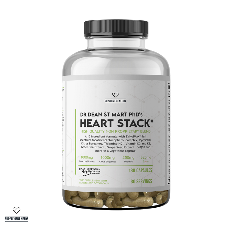 Supplement bottle labeled 'Heart Stack' by Dr. Dean St. Mart on a white background