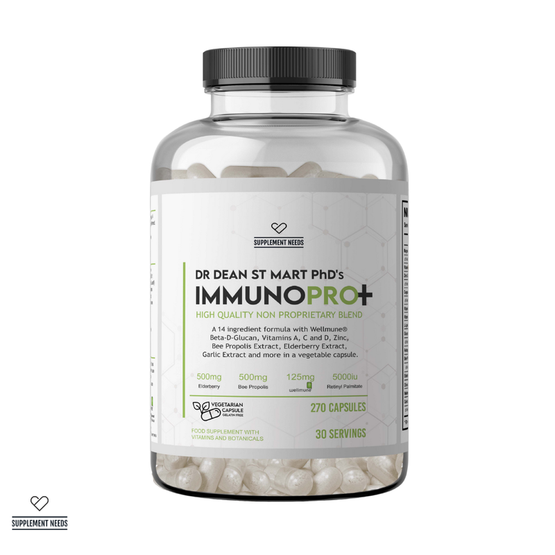Bottle of Dr. Dean St. Mart PhD's ImmunoPro+ supplement on a white background