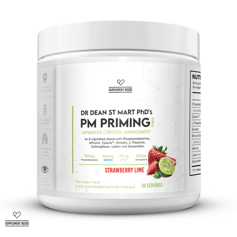 A container of Supplement Needs PM Priming Stack powder in Strawberry Lime flavor by Dr Dean St Mart PhD, with nutritional information and ingredients listed on the label.