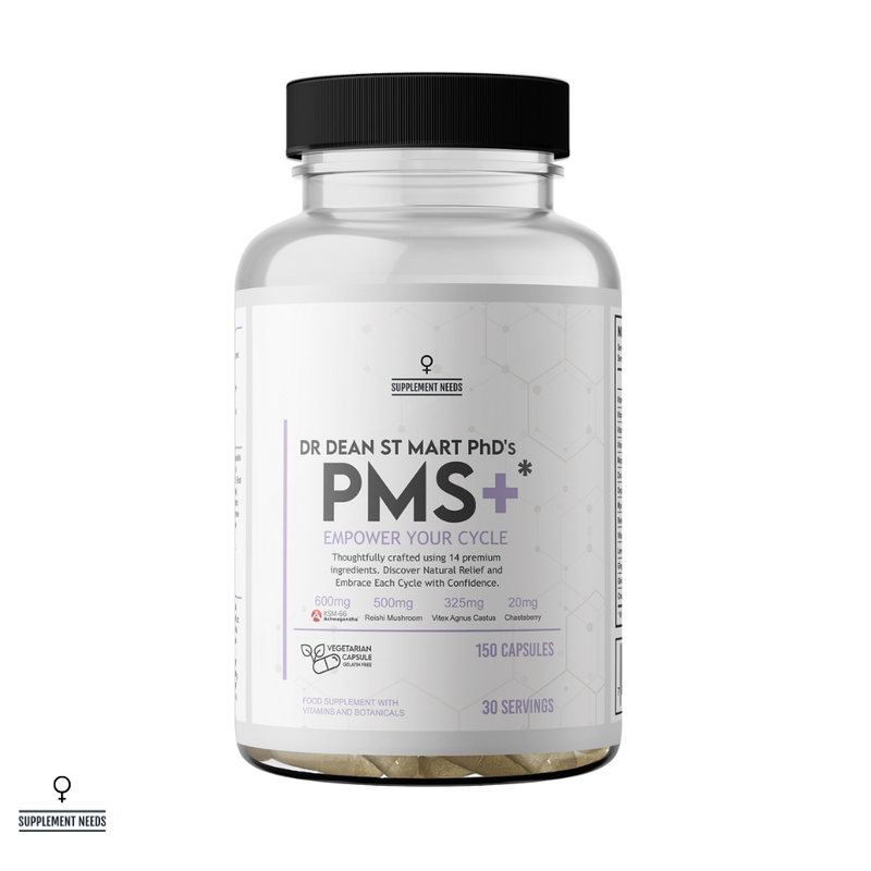 Bottle of Dr. Dean St. Mart PhD's PMS+ supplement on a white background