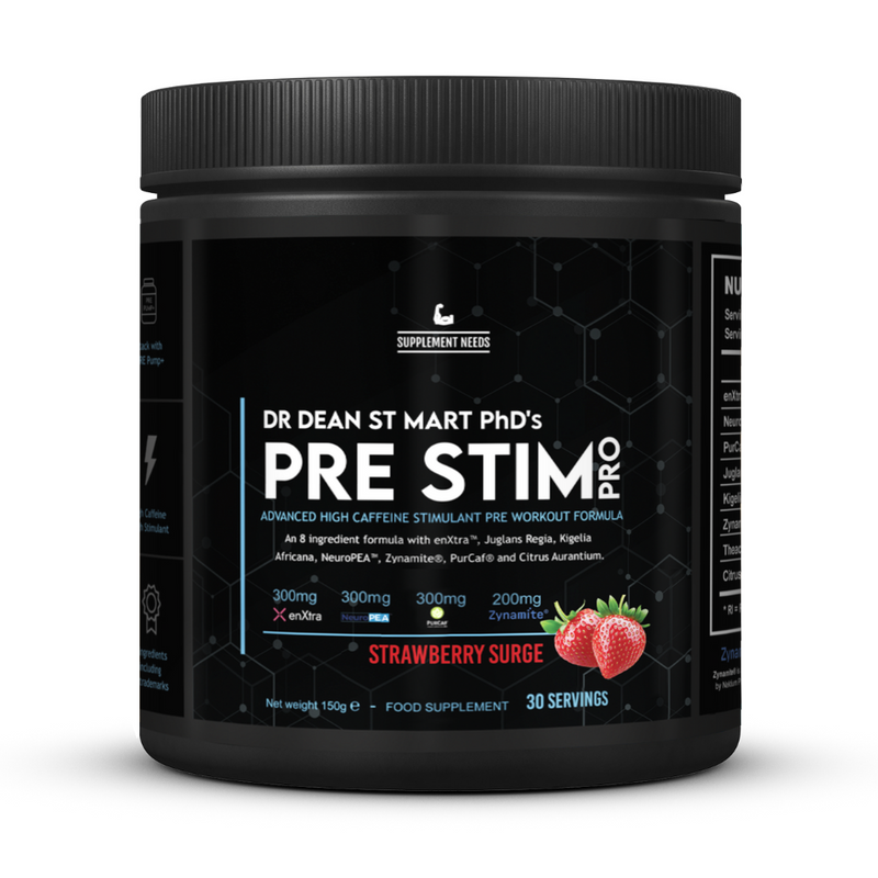 Black supplement container labeled 'Pre Stim' with strawberry flavor on a white background