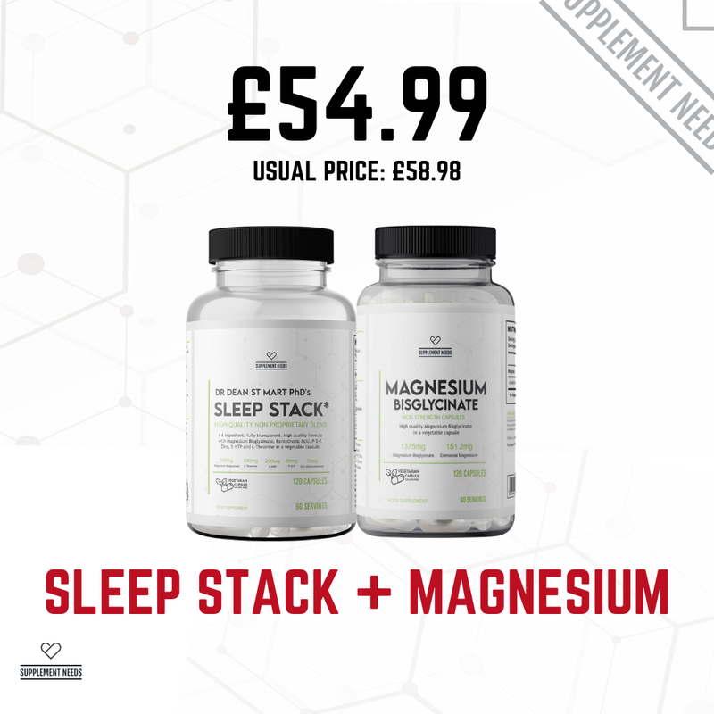Two supplement bottles labeled 'Sleep Stack' and 'Magnesium Bisglycinate' with a price tag on a white background.