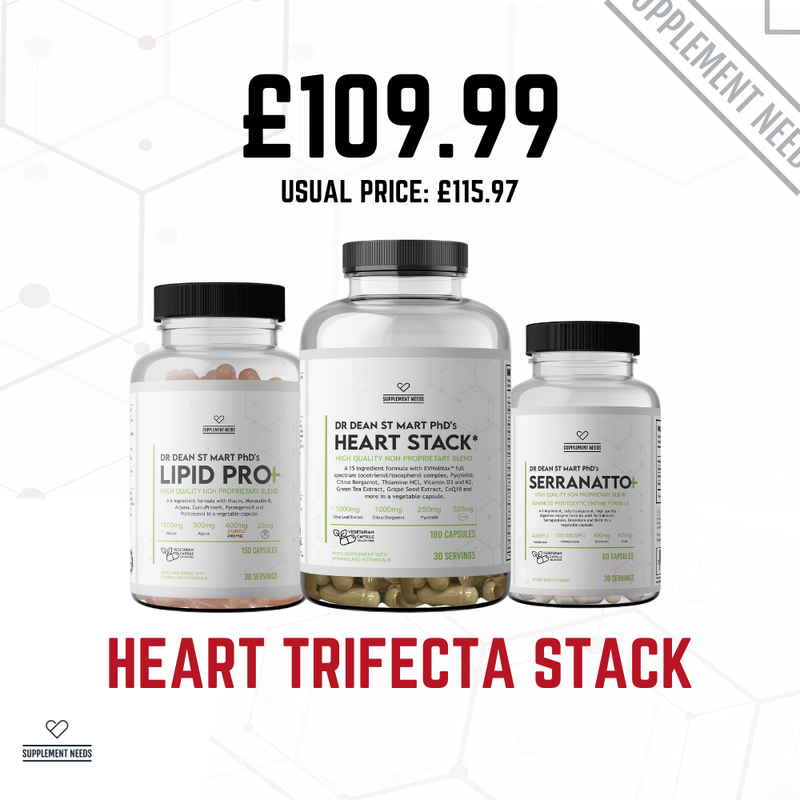 Three supplement bottles labeled 'Lipid Pro', 'Heart Stack', and 'Serranatto' by Dr Dean St Mart PhD with a price tag on a white background.