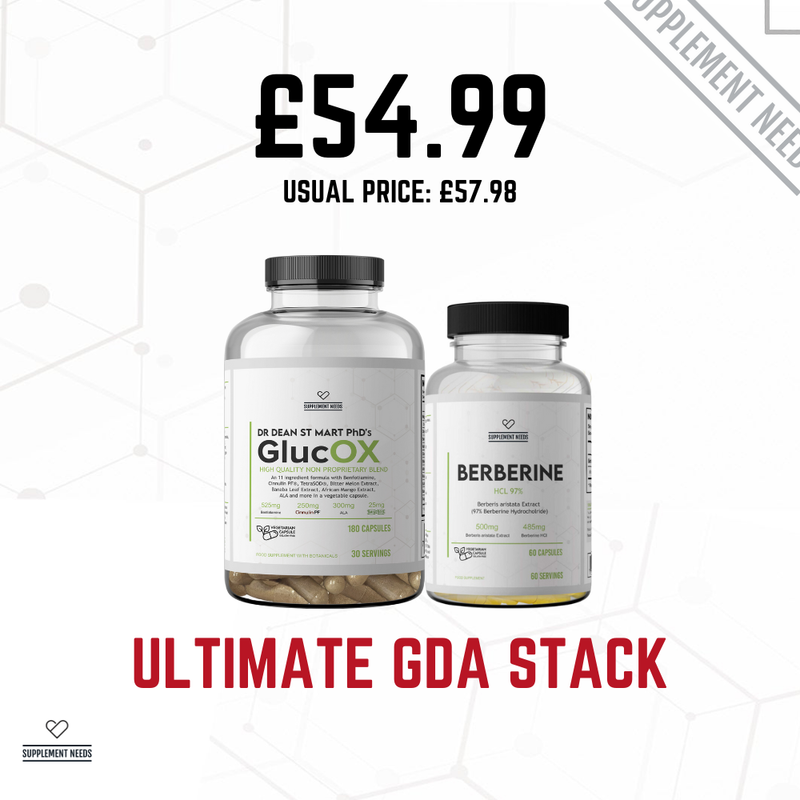 Two supplement bottles labeled 'GlucOX' and 'Berberine' with a price tag on a white background.