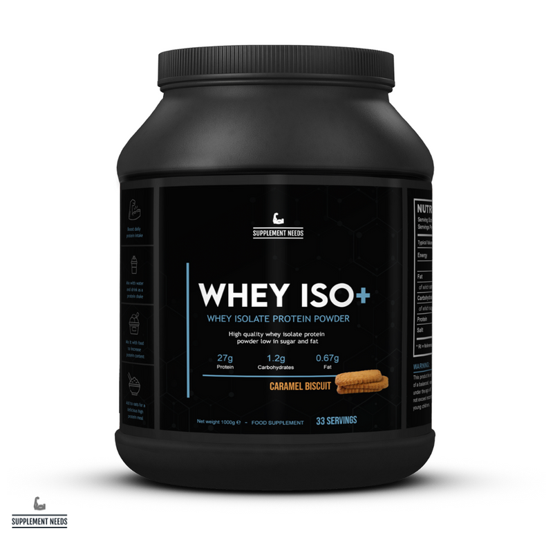 A black plastic jar of Supplement Needs Whey ISO+ protein powder in a caramel biscuit flavor, with a label showing the product name and the flavor, along with some nutritional information.
