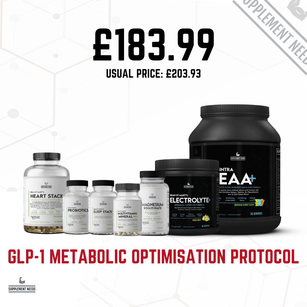 An assortment of supplement bottles including Heart Health Stack, Sleep Stack, Probiotics, Electrolyte+, Intra EAA+, Multivitamin and Mineral PRO, and Magnesium Bisglycinate, advertised with a price and discount information for GLP-1 optimisation