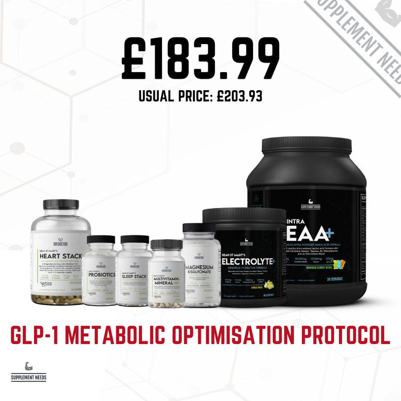 An assortment of supplement bottles including Heart Health Stack, Sleep Stack, Probiotics, Electrolyte+, Intra EAA+, Multivitamin and Mineral PRO, and Magnesium Bisglycinate, advertised with a price and discount information for GLP-1 optimisation