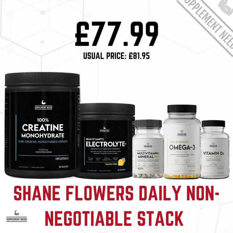 An image showcasing a collection of supplement bottles and containers with labels indicating the product names and categories such as Creatine Monohydrate, Electrolyte+, Multivitamin & Mineral Pro, Omega-3 High Strength, and Vitamin D3. The products are part of Shane Flowers' daily non-negotiable stack for health and sports performance.