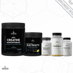 Creatine Monohydrate, Electrolyte+, Multivitamin & Mineral Pro, Omega-3 High Strength, and Vitamin D3. The products are part of Shane Flowers' daily non-negotiable stack for health and sports performance.