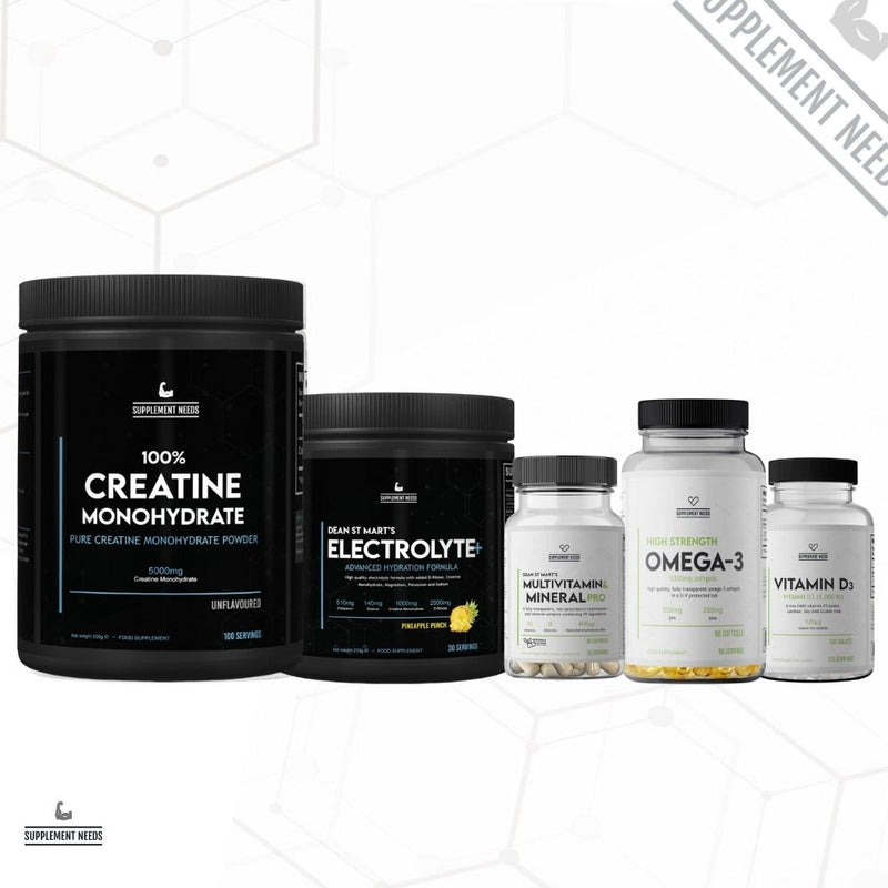 Creatine Monohydrate, Electrolyte+, Multivitamin & Mineral Pro, Omega-3 High Strength, and Vitamin D3. The products are part of Shane Flowers' daily non-negotiable stack for health and sports performance.