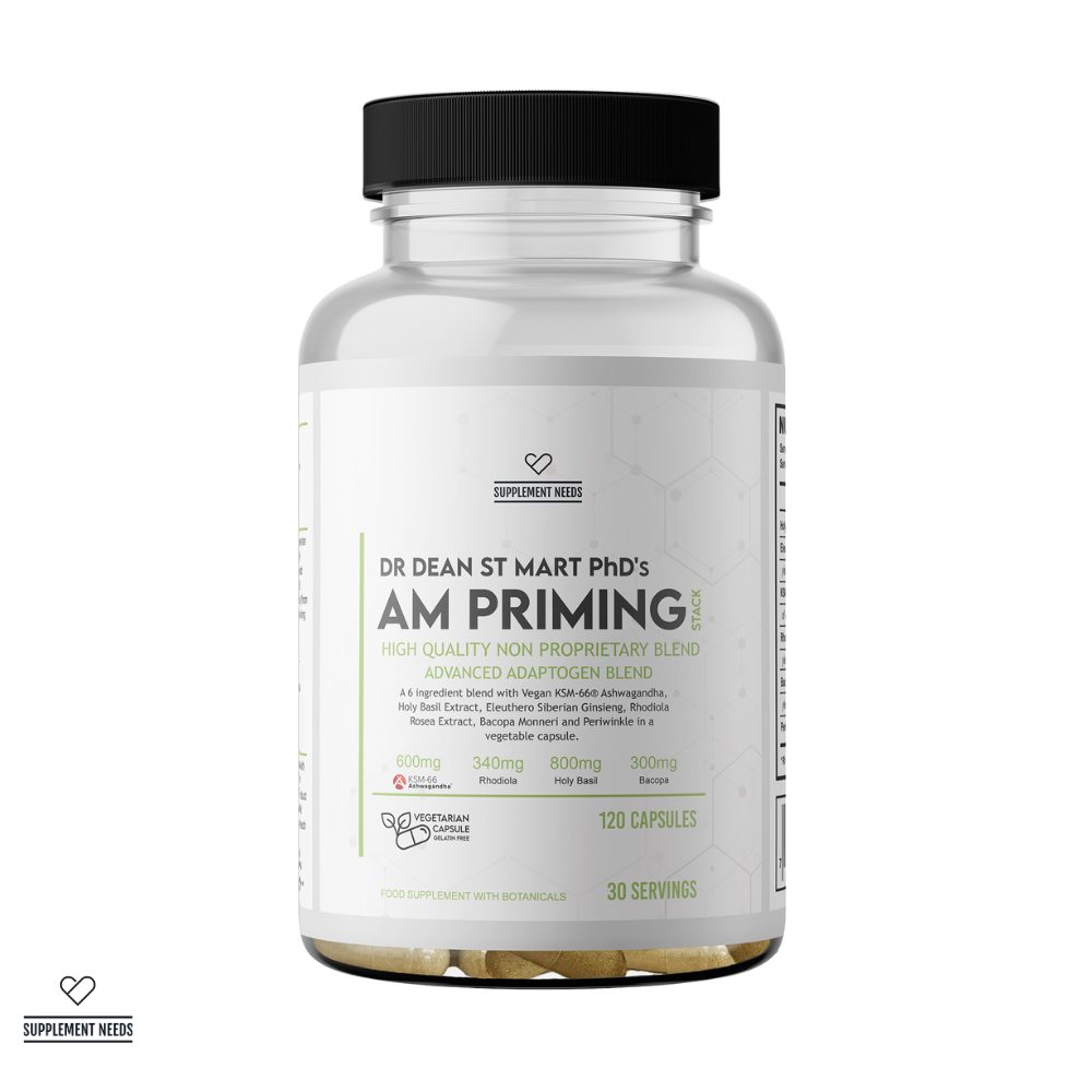Supplement bottle labeled 'AM Priming' by Dr. Dean St. Mart PID on a white background