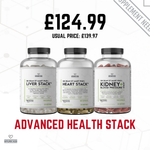 Three supplement bottles labeled 'Liver Stack', 'Heart Stack', and 'Kidney Blood Pressure' by Dr Dean St Mart PhD with a price tag on a white background.