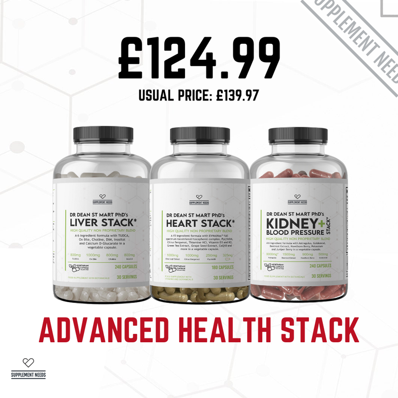Three supplement bottles labeled 'Liver Stack', 'Heart Stack', and 'Kidney Blood Pressure' by Dr Dean St Mart PhD with a price tag on a white background.