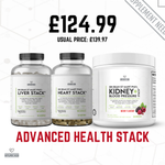 Supplement stack with bottles and a container labeled 'Advanced Health Stack' on a white background. Three supplement bottles labeled 'Liver Stack', 'Heart Stack', and 'Kidney Blood Pressure' by Dr Dean St Mart PhD with a price tag on a white background.
