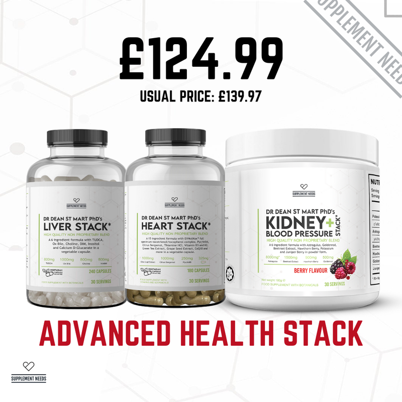 Supplement stack with bottles and a container labeled 'Advanced Health Stack' on a white background. Three supplement bottles labeled 'Liver Stack', 'Heart Stack', and 'Kidney Blood Pressure' by Dr Dean St Mart PhD with a price tag on a white background.
