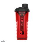 A red plastic shaker bottle with a lid and label reading 'Supplement Needs'.