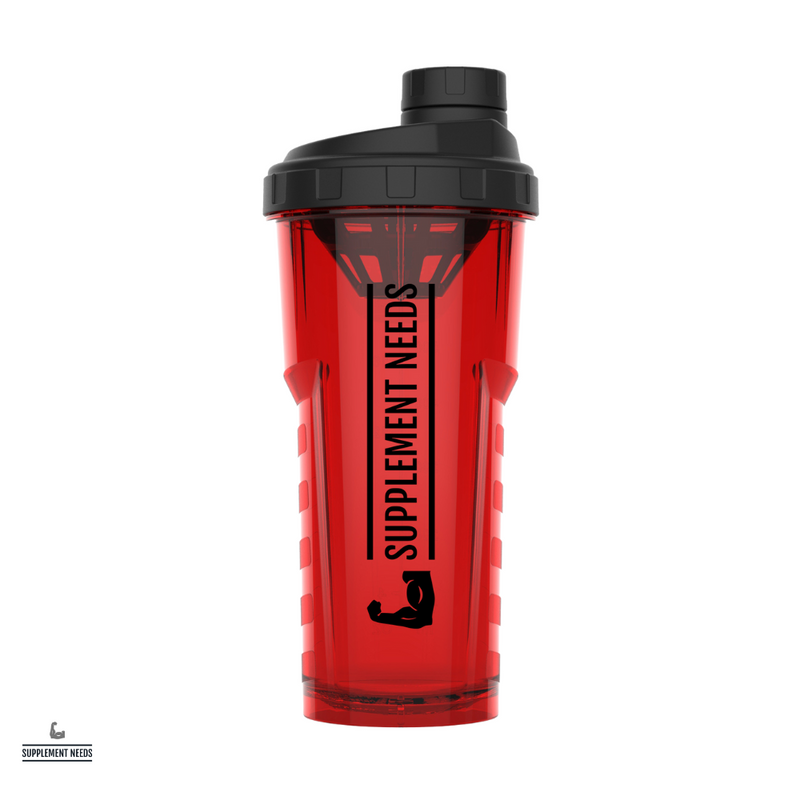 A red plastic shaker bottle with a lid and label reading 'Supplement Needs'.