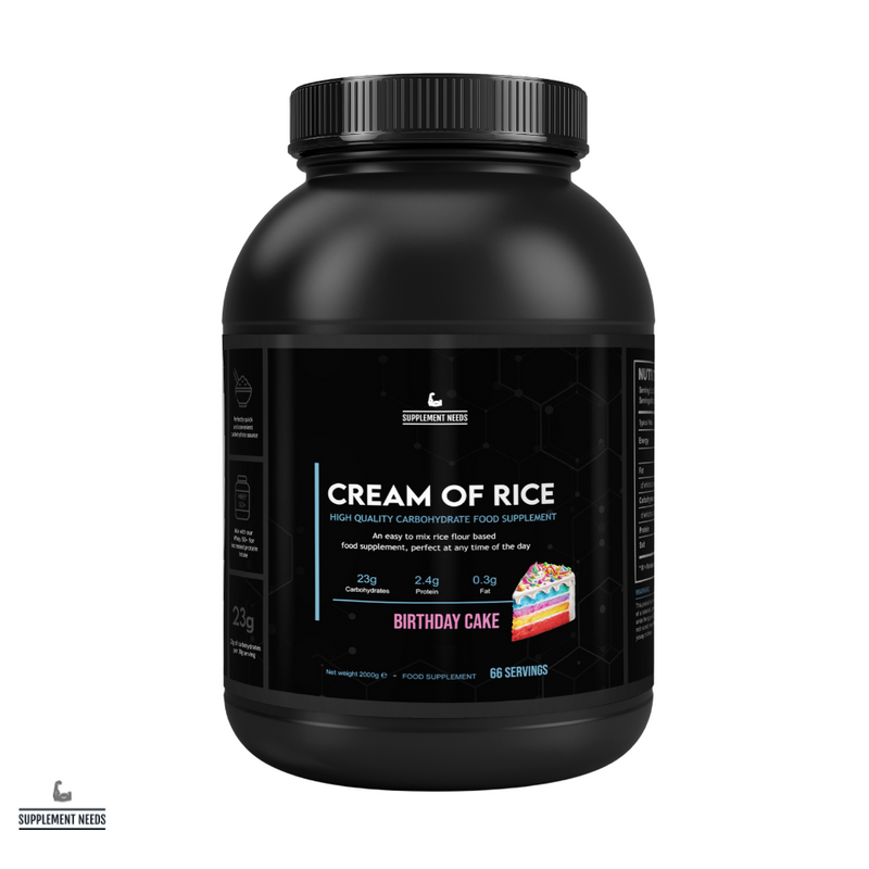 A black plastic container labeled 'CREAM OF RICE' with a Birthday Cake flavor option depicted on the label.