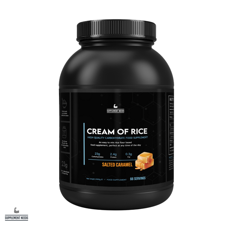A black plastic container labeled 'CREAM OF RICE' with a Salted Caramel flavor option depicted on the label.