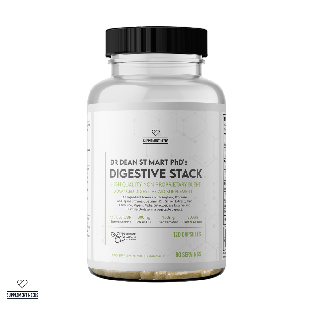 Supplement bottle labeled 'Dr. Dean St. Mart PhD's Digestive Stack' on a white background