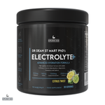 Black container of Dr. Dean St. Mart's Electrolyte+ supplement with citrus twist flavour on a white background