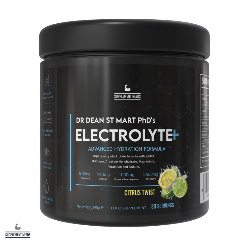 Black container of Dr. Dean St. Mart's Electrolyte+ supplement with citrus twist flavour on a white background