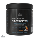 Black container of Dr. Dean St. Mart's Electrolyte+ supplement with cola rush flavour on a white background