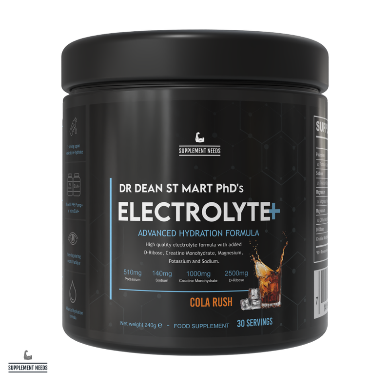 Black container of Dr. Dean St. Mart's Electrolyte+ supplement with cola rush flavour on a white background