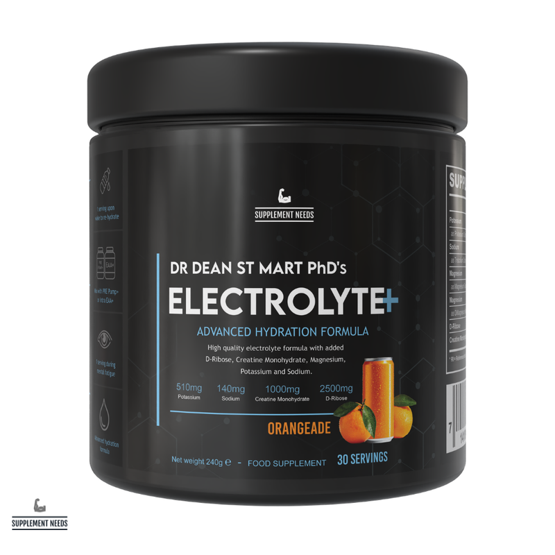 Black container of Dr. Dean St. Mart PhD's Electrolyte+ supplement with orangeade flavour on a white background