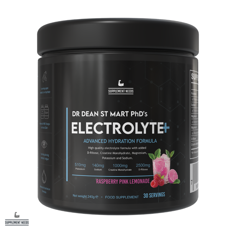 Black container of Dr. Dean St. Mart PhD's Electrolyte+ supplement on a white background. raspberry pink lemonade