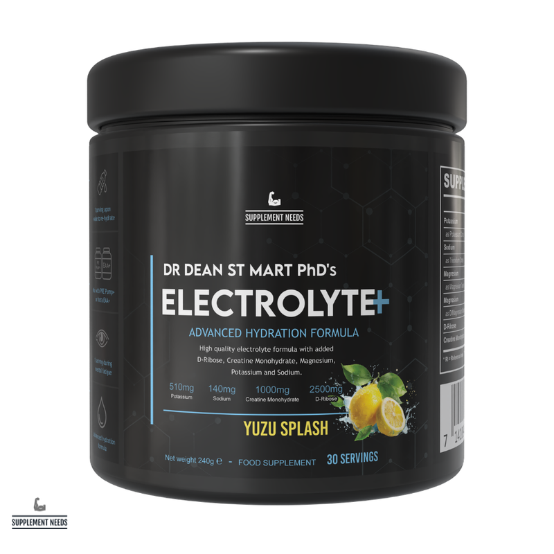Black container of Dr Dean St Mart PhD's Electrolyte+ supplement with yuzu splash flavor on a white background
