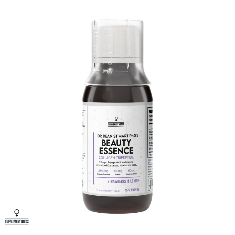 Bottle of Dr. Dean St. Mart PhD's Beauty Essence Liquid Collagen Tripeptide with Elastin and Hyaluronic Acid on a white background
