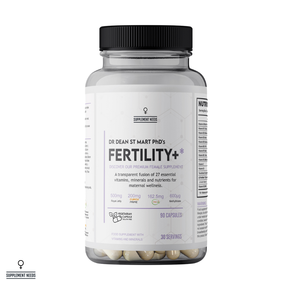 Supplement bottle labeled 'Fertility+' by Dr. Dean St. Mart on a white background