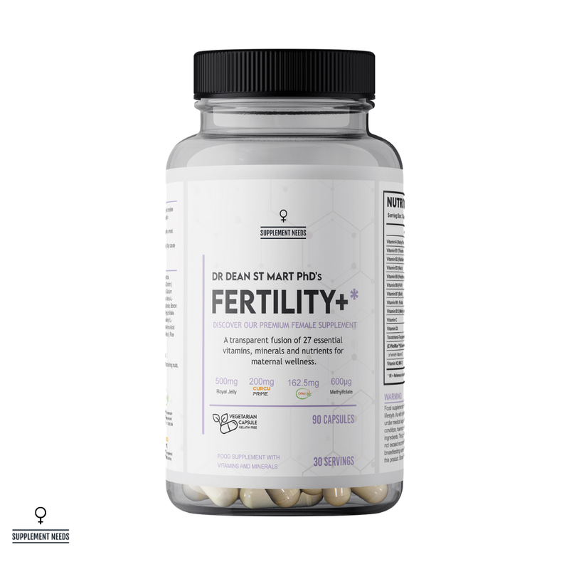 Supplement bottle labeled 'Fertility+' by Dr. Dean St. Mart on a white background