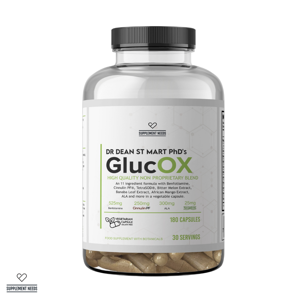 Bottle of Dr. Dean St. Mart PhD's GlucoX supplement on a white background