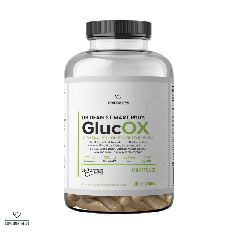 Bottle of Dr. Dean St. Mart PhD's GlucoX supplement on a white background