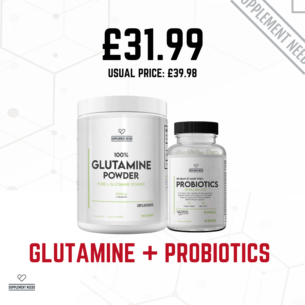Glutamine powder and probiotics with price display on a white background