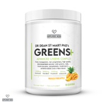 Supplement container labeled 'Dr Dean St Mart PhD's Greens+' with a pineapple icon on a white background