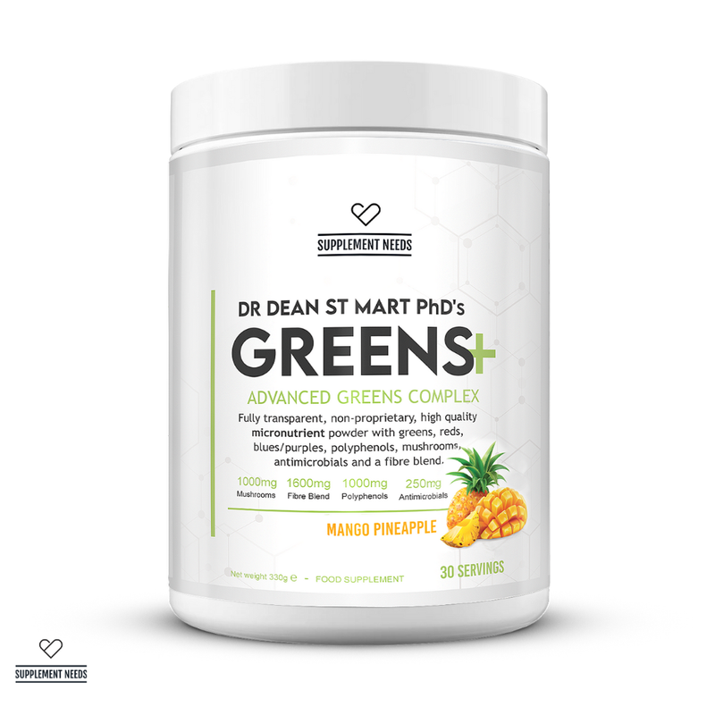 Supplement container labeled 'Dr Dean St Mart PhD's Greens+' with a pineapple icon on a white background
