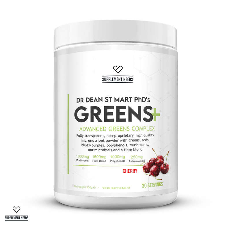 Supplement container labeled 'Dr Dean St Mart PhD's Greens+'  Cherry flavour on a white background