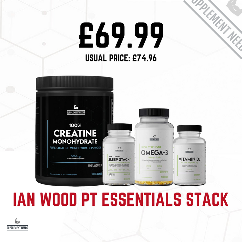 Supplement stack including Creatine Monohydrate, Sleep Stack, Omega-3, Vitamin D3 with prices displayed on a white background