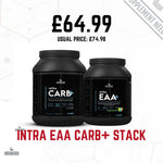 Two black plastic containers with labels, one labeled 'INTRA EAA+' and the other 'INTRA CARB+', with a promotional price displayed.