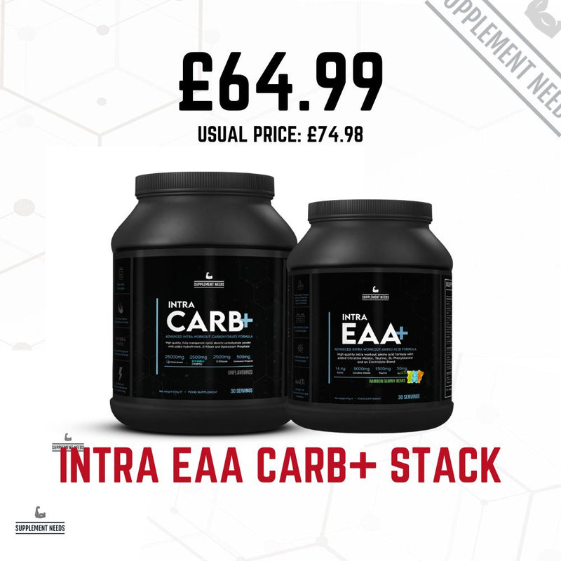 Two black plastic containers with labels, one labeled 'INTRA EAA+' and the other 'INTRA CARB+', with a promotional price displayed.