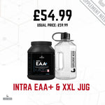 Promotional image featuring a black container labeled 'Intra EAA+' and a clear 'Alpha XXL Jug', priced at £54.99.