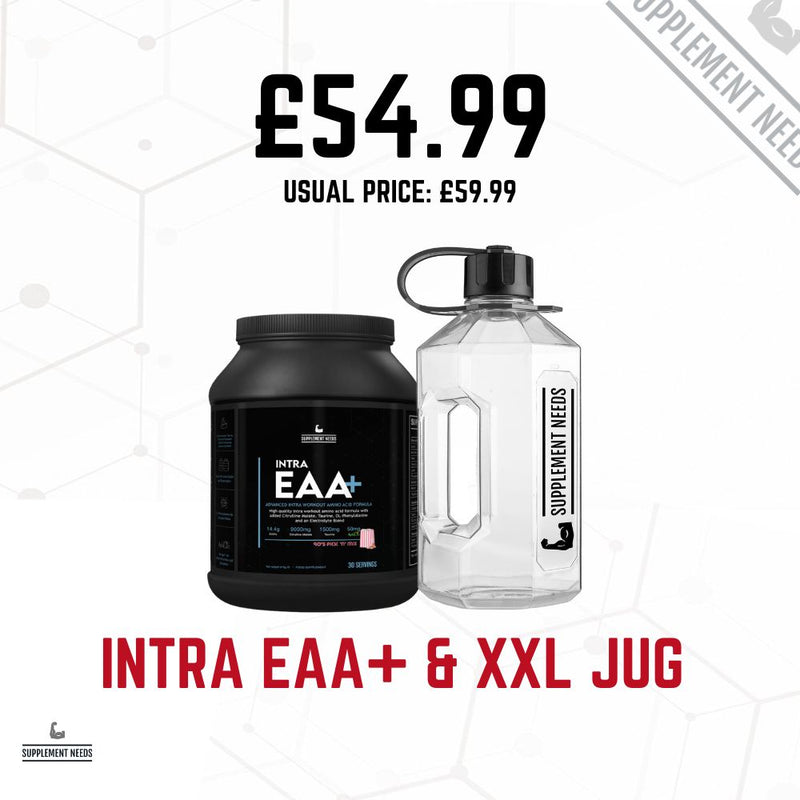 Promotional image featuring a black container labeled 'Intra EAA+' and a clear 'Alpha XXL Jug', priced at £54.99.